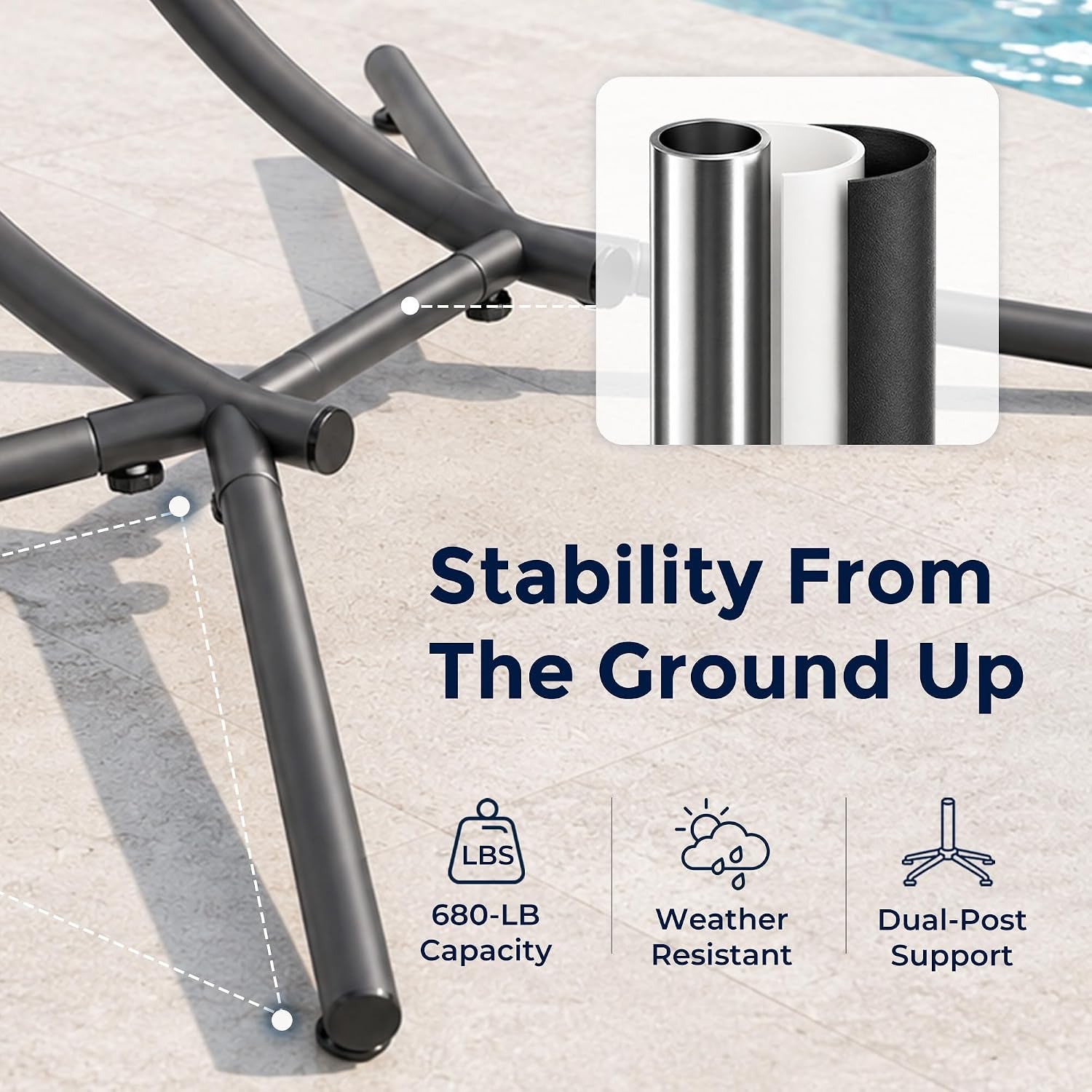 Black metal curved stand base assembled on a tiled surface with a small inset showing tube layers.