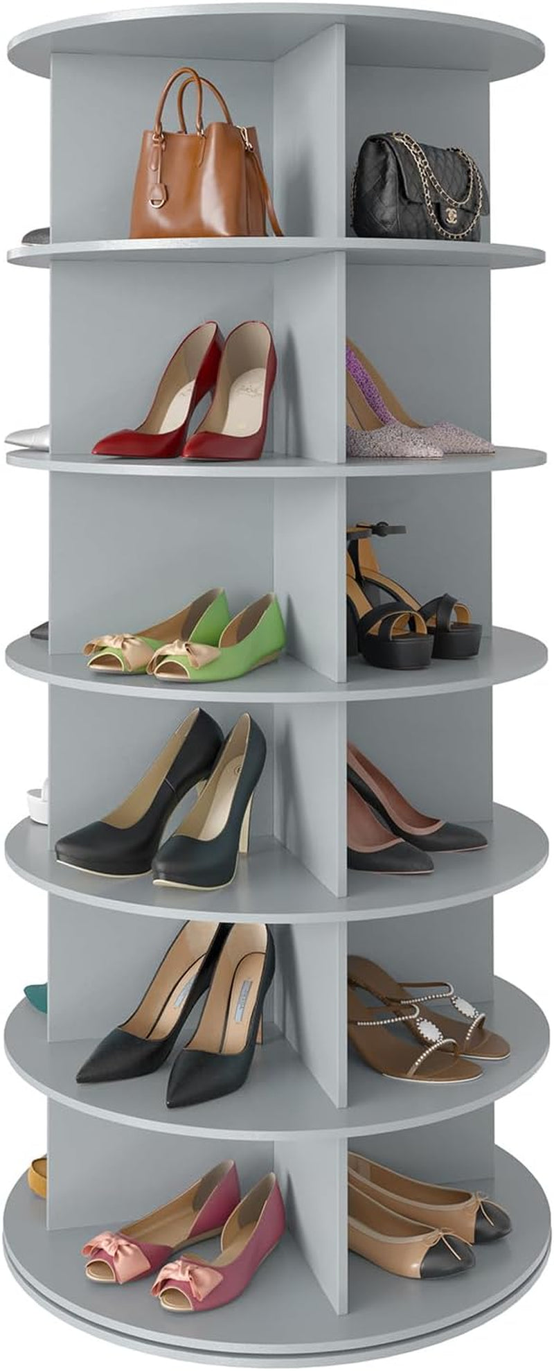 Light gray rotating shoe tower viewed straight on displaying multiple pairs of shoes across shelves.