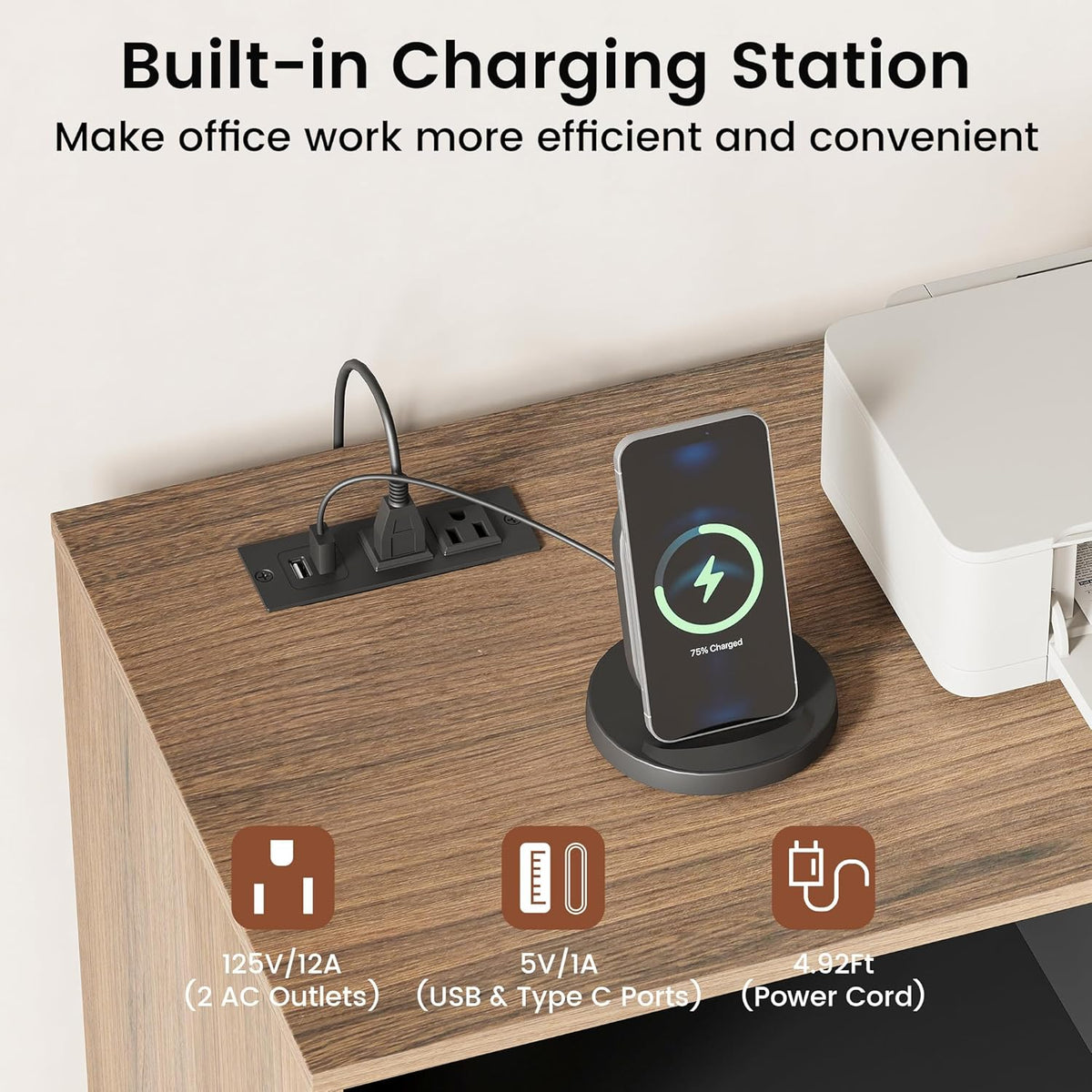 Top view of the wood-tone surface with built-in charging station showing AC and USB outlets and a charging phone