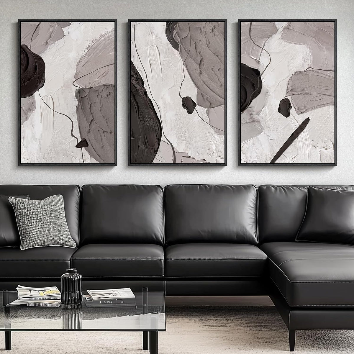 Frontal view of three vertical framed abstract canvases showing flat, waterproof printed surfaces and black solid-wood