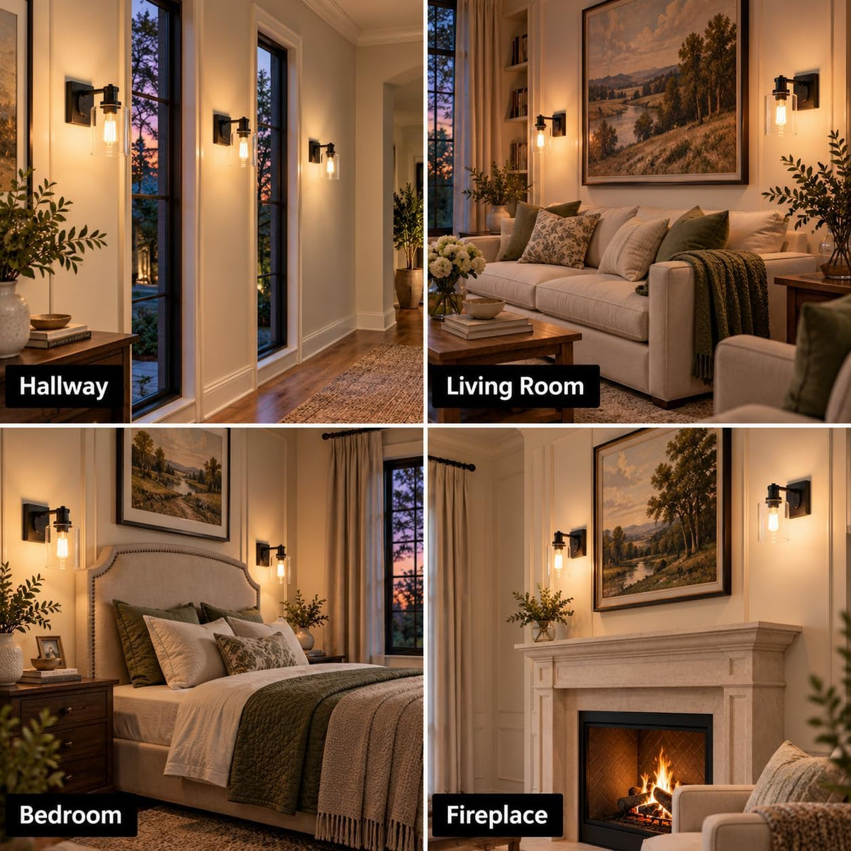 Four staged room photos showing matte black sconces used in hallway, living room, bedroom, and fireplace settings