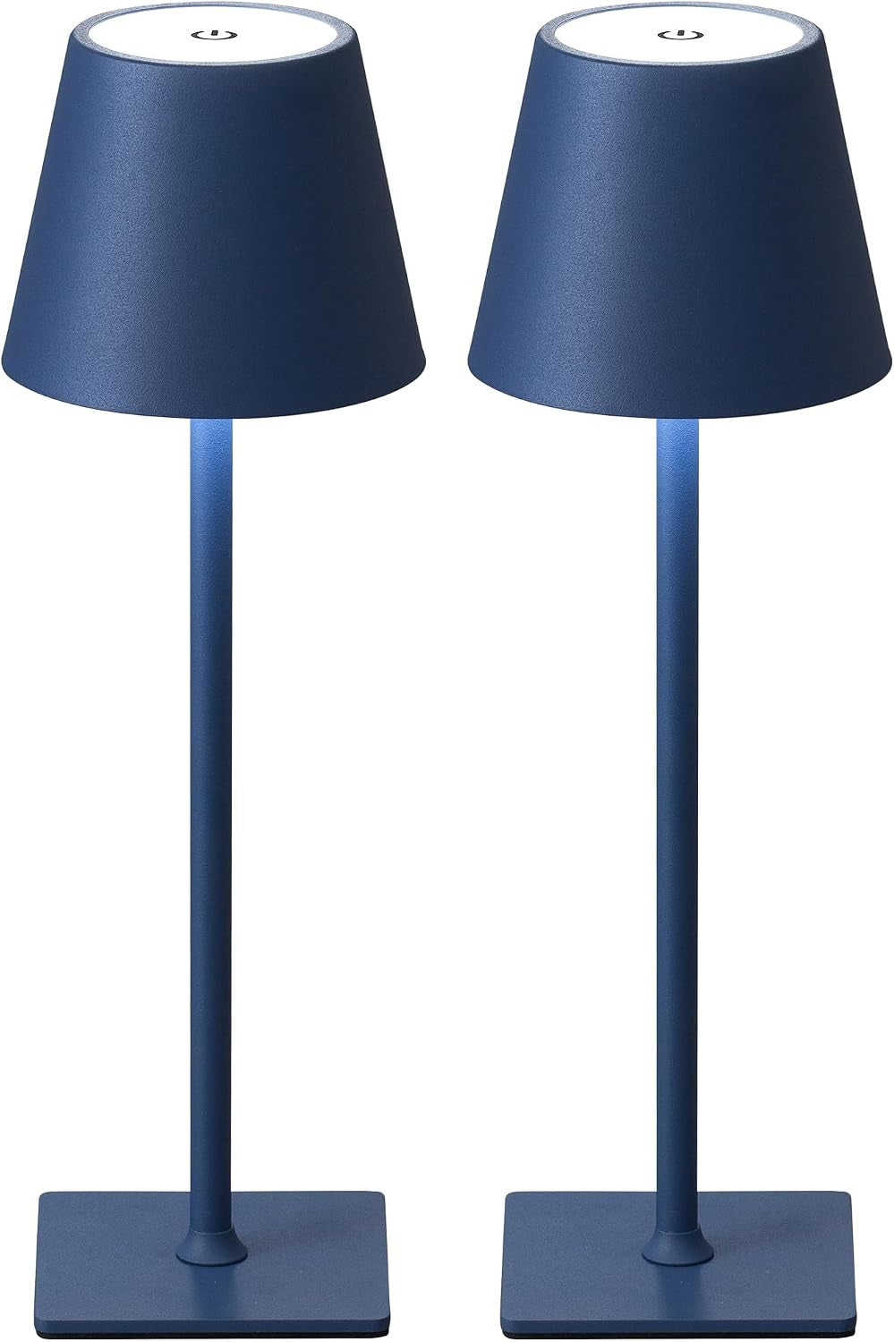 Two blue cordless table lamps side by side on a white background, shown from the front.