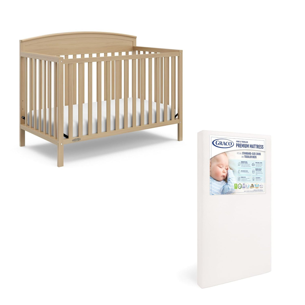 Natural wood crib shown next to a packaged white crib mattress standing upright