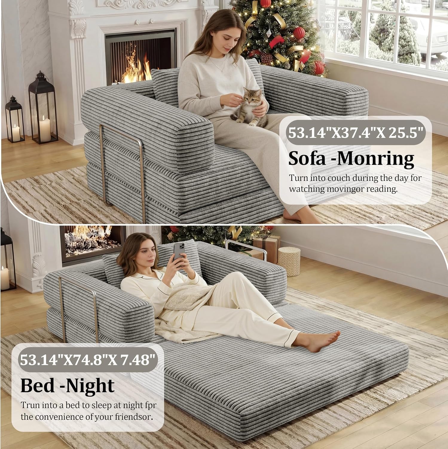 4 in 1 Convertible Sofas Boneless Couches with 2 Pillow, Modern Corduroy Futon Bed, Modular Queen Sofa with Pull-Out Bed, Loveseat for Living Room, Small Space Apartment 53.15" Double Sofa