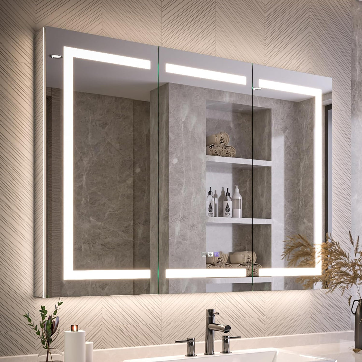 Close front view of the cabinet showing two mirrored doors, LED segments and the narrow gap where doors meet.