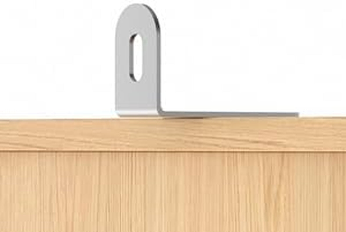 Metal L-shaped wall-anchoring bracket attached to the top edge of the wood unit for anti-tip support.