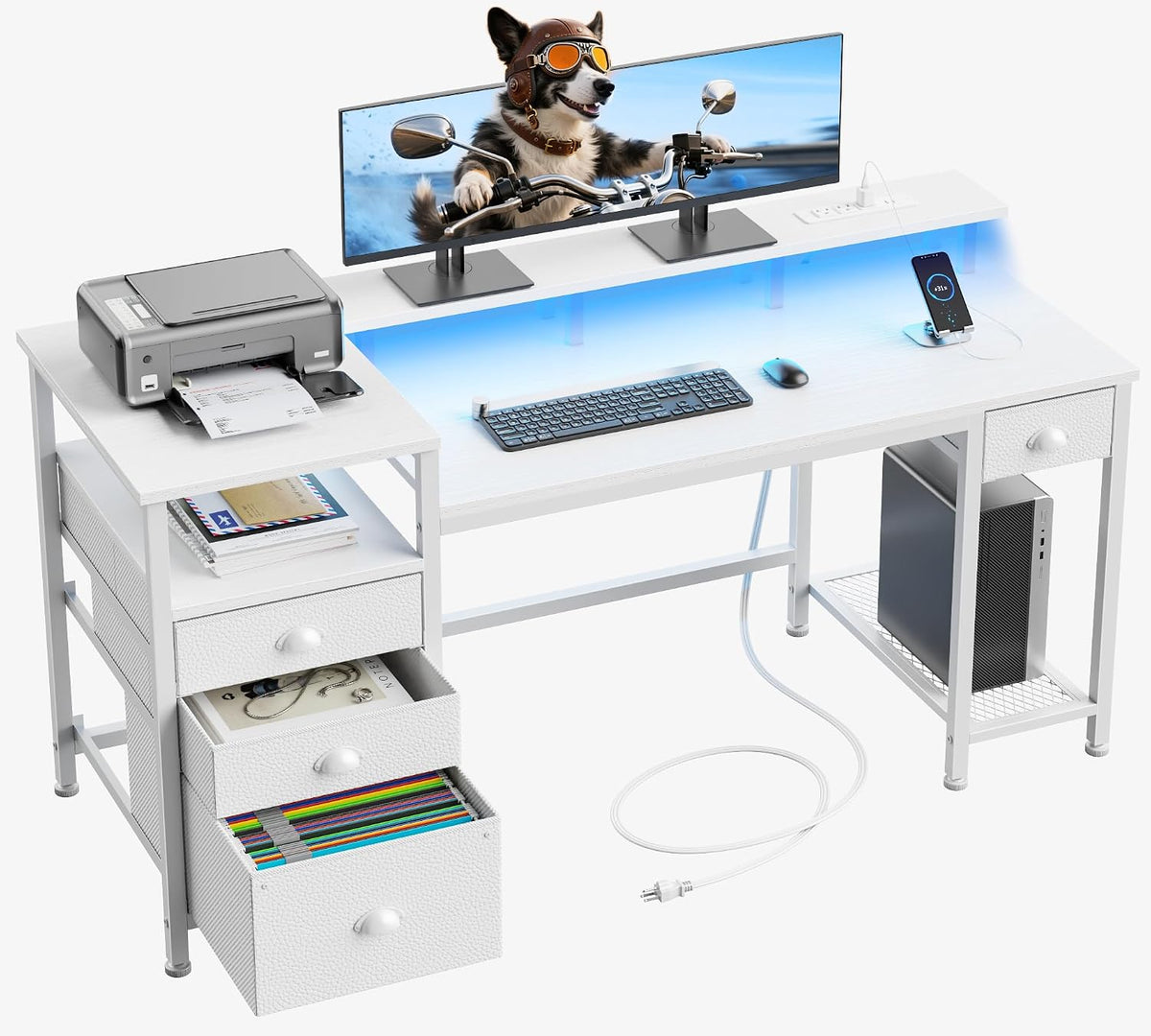 White-finish desk showing printer, an open drawer with folders and soft blue LED lighting beneath the monitor shelf.