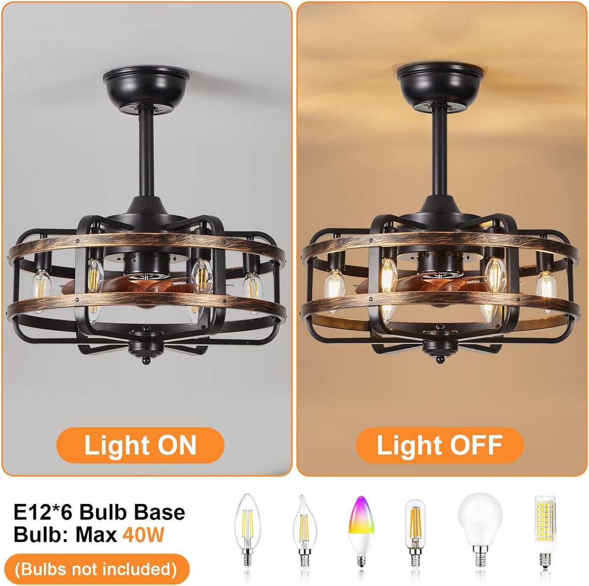 Side-by-side close-ups of the fan: left image with lights on, right image with lights off, showing cage and bulbs.