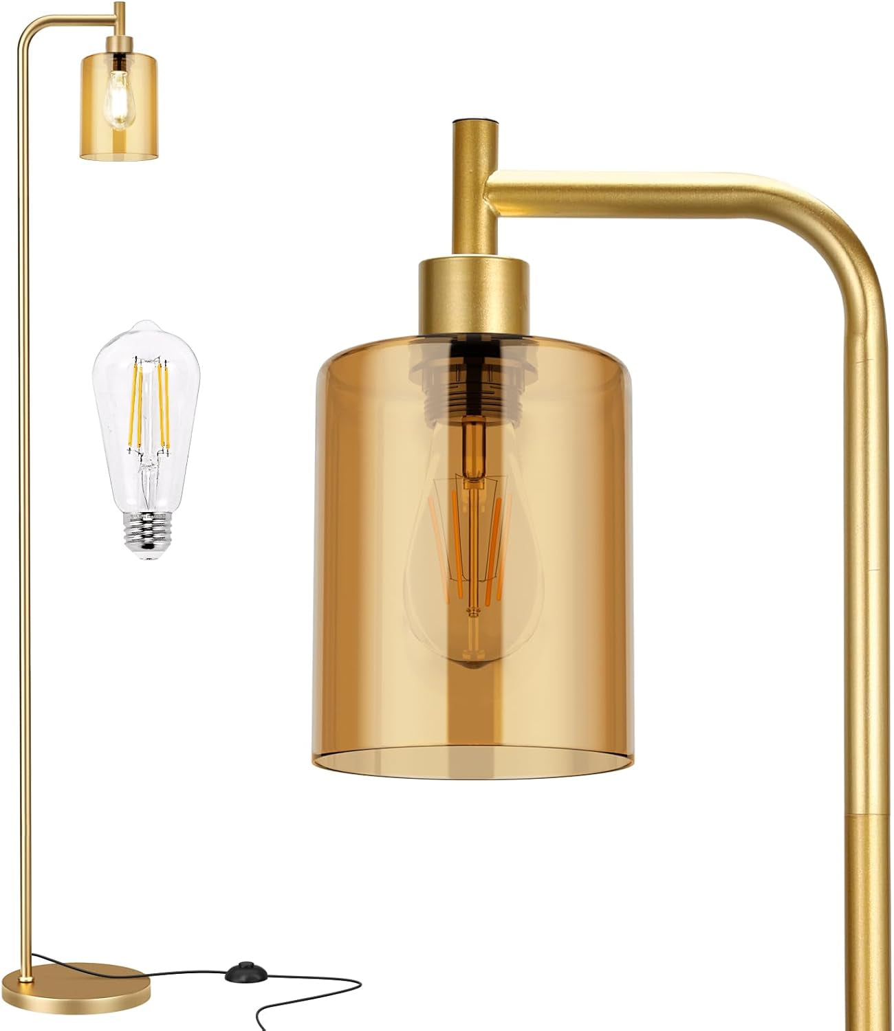Tall gold floor lamp with amber cylindrical glass shade and visible filament bulb, foot pedal and cord visible