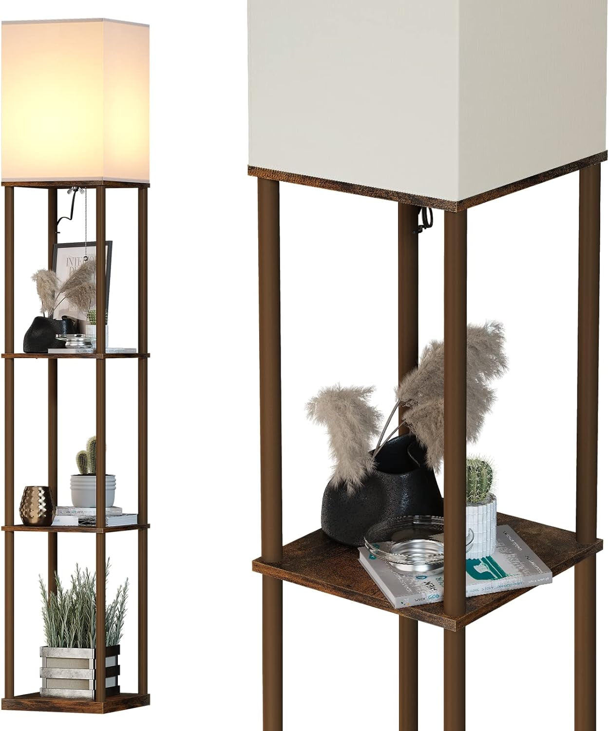 Close side view of a brown-finish floor lamp showing square wooden shelves, metal vertical posts, and a rectangular fabric