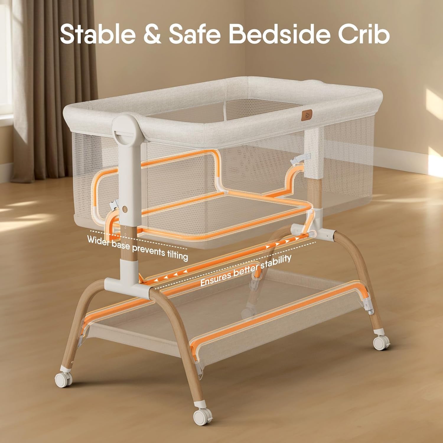 Beige bedside bassinet with mesh sides and wooden-toned legs shown in a sunlit room.