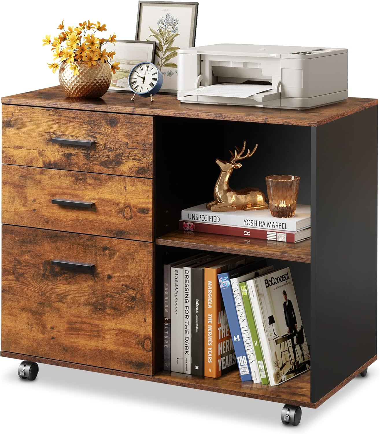 Rustic brown and black mobile file cabinet front view showing three drawers and open double shelf with a printer on top