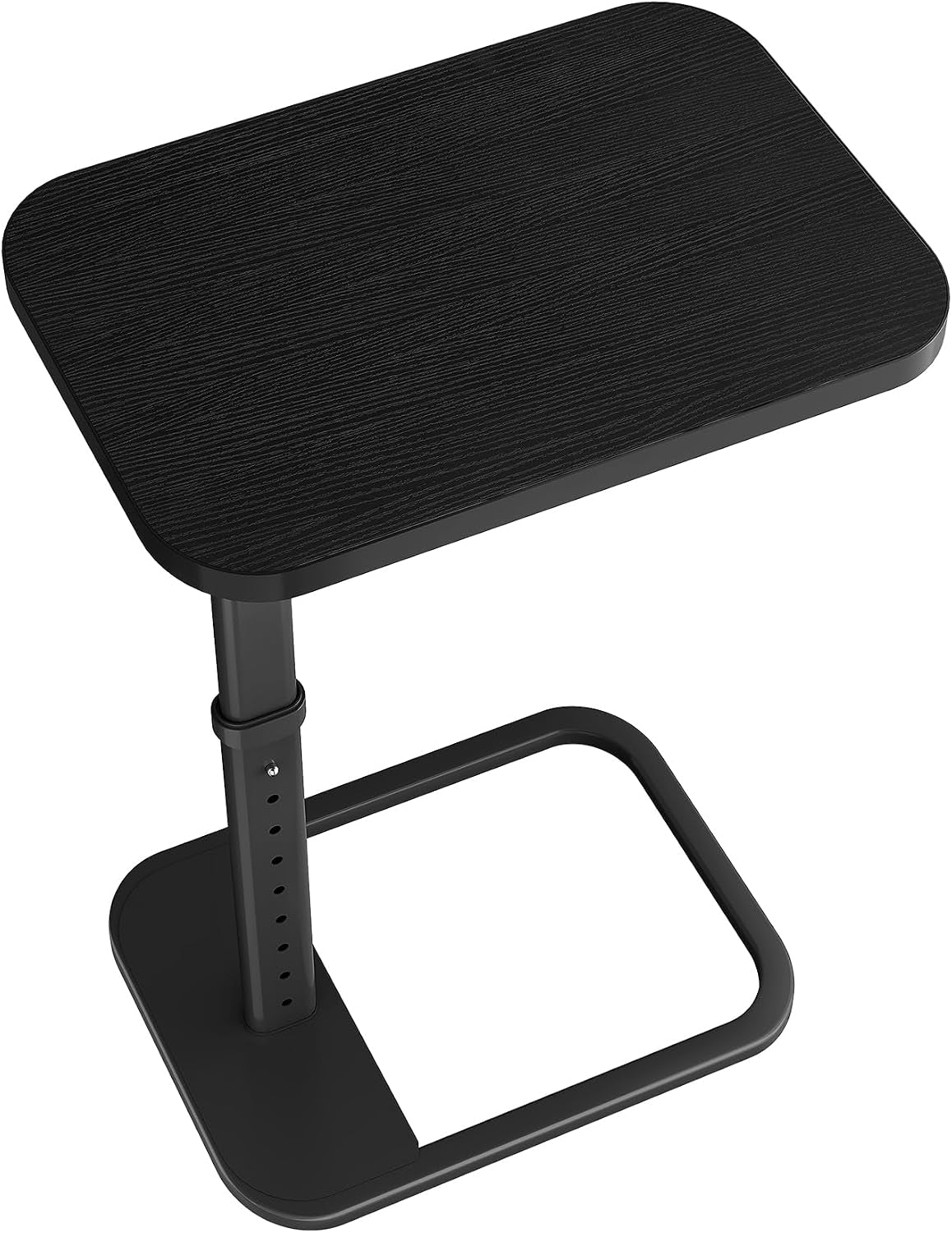 Angled view of the black tabletop C-shaped side table showing adjustable metal column and open square base