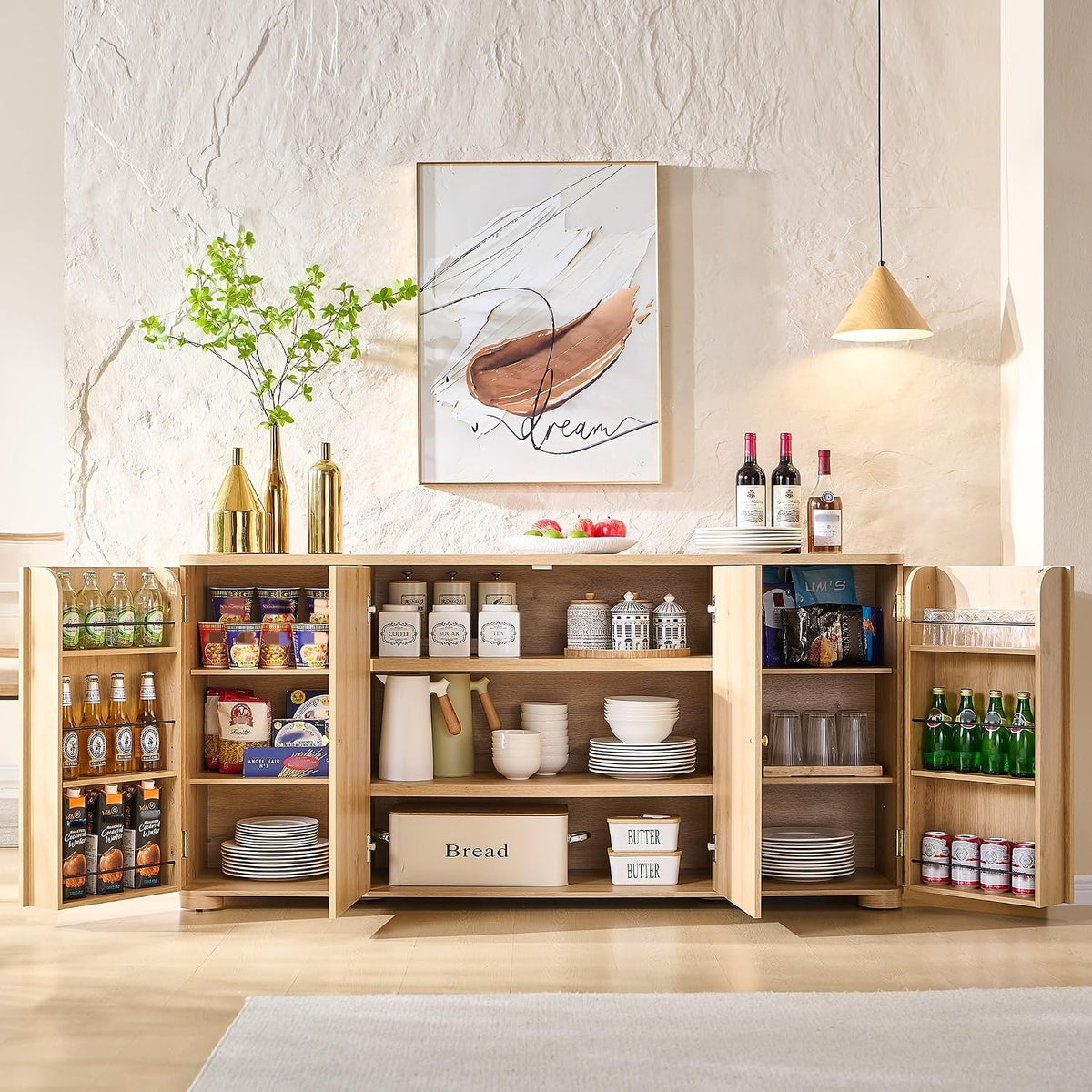 Sideboard with all four doors open showing six adjustable interior shelves and staged pantry storage.