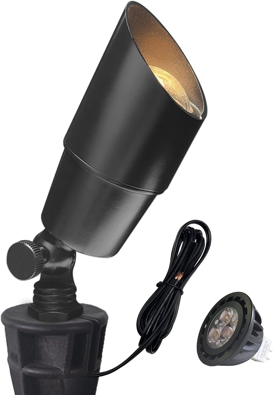 Single black outdoor spike spotlight angled upward with attached cord and separate MR16 bulb shown