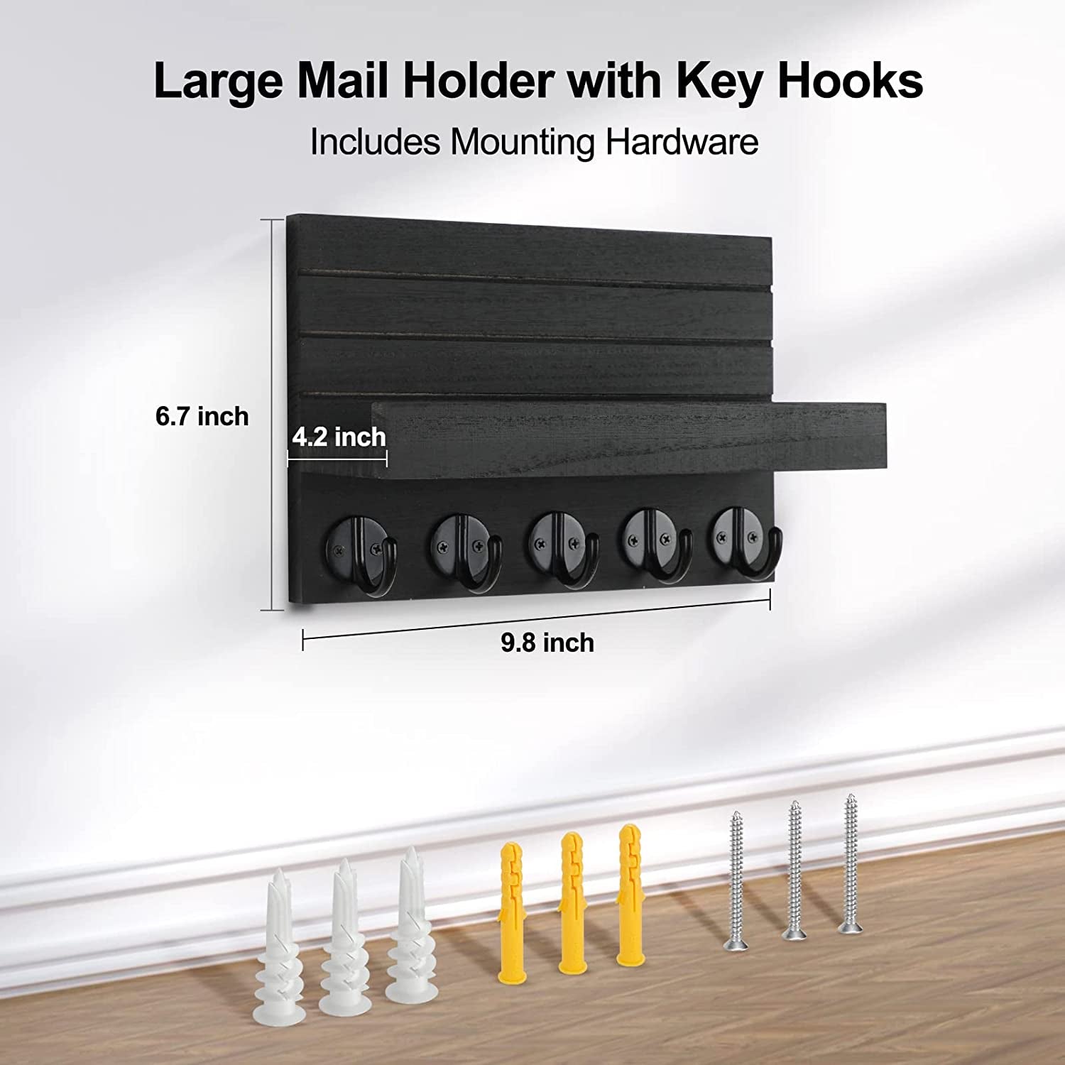 Dimension diagram for the black five-hook wall organizer, with anchors and screws shown below.