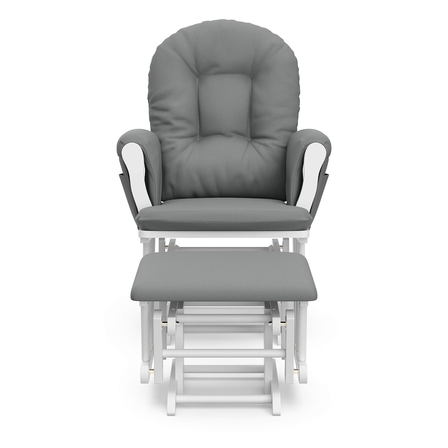 Front-facing glider chair with matching ottoman, gray cushions and white wooden frame.