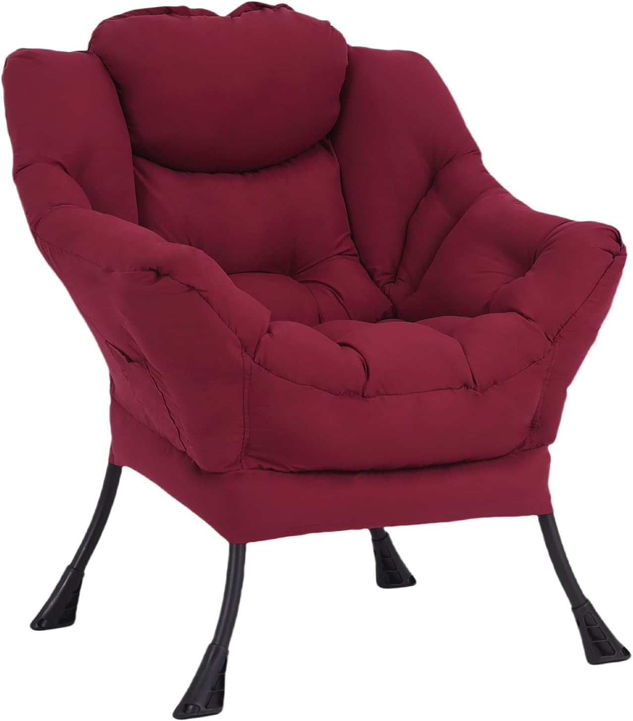 Deep red tufted lounge chair with cushioned back and black splayed metal legs, isolated on white.