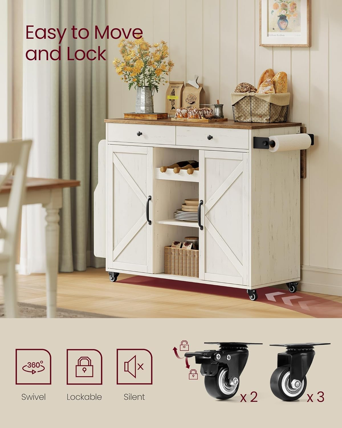 Side view of the island on five swivel casters with two locking brakes visible, set in a kitchen scene
