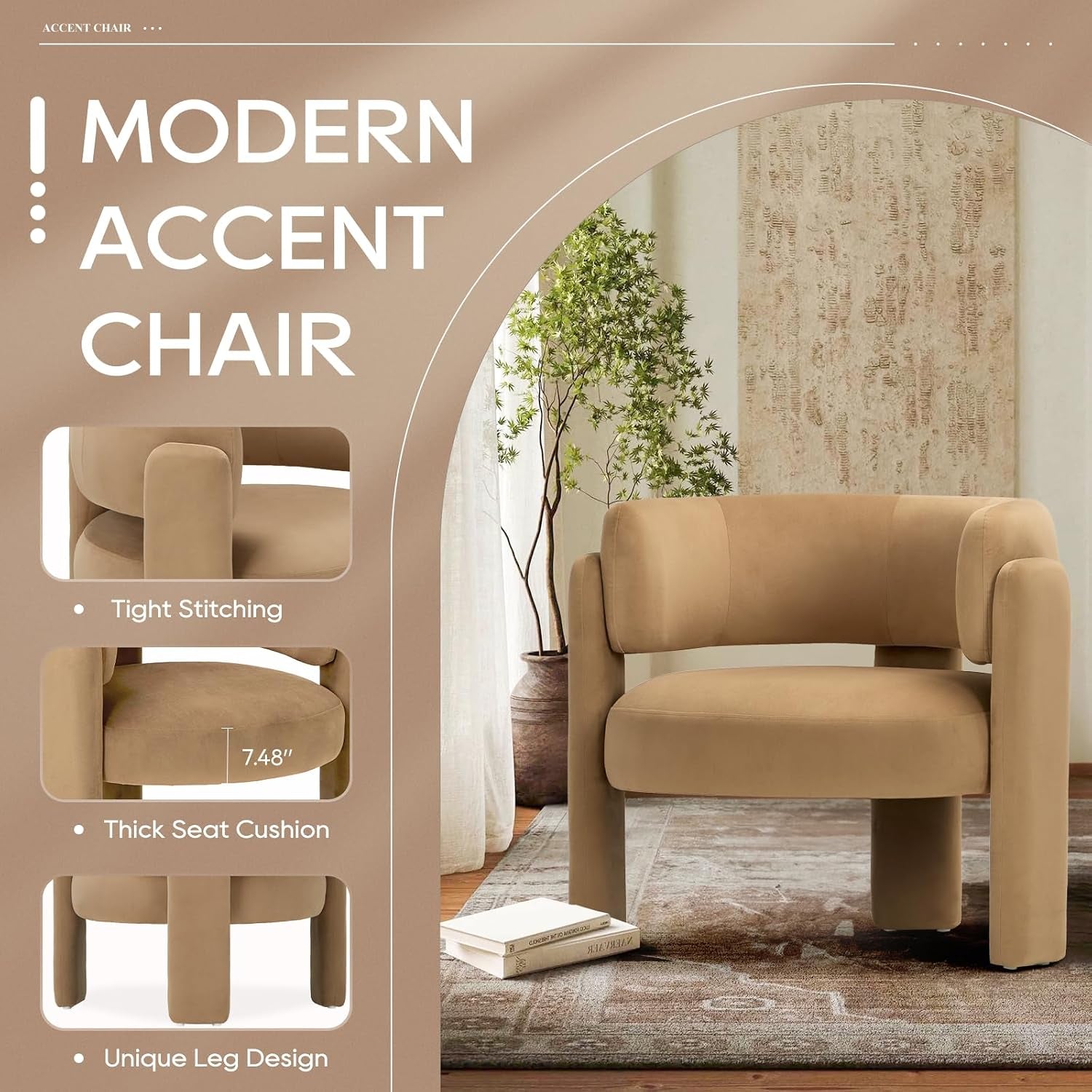 Khaki accent chair close-up showing curved backrest, thick seat cushion and unique leg design in a stylized layout