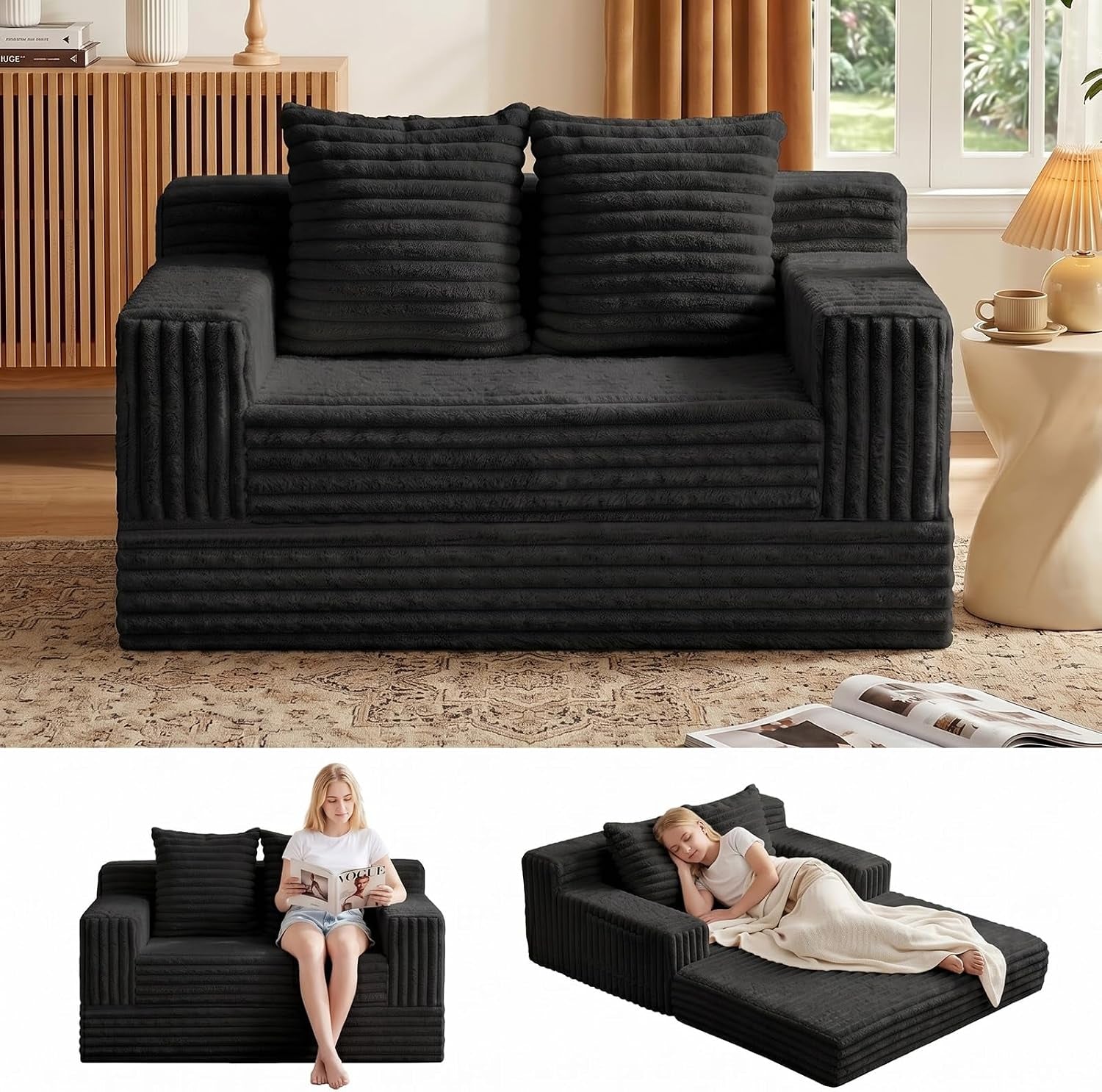 Charcoal-black corduroy three-seat folding sofa placed in a living room, plus small insets showing sitting and unfolded bed