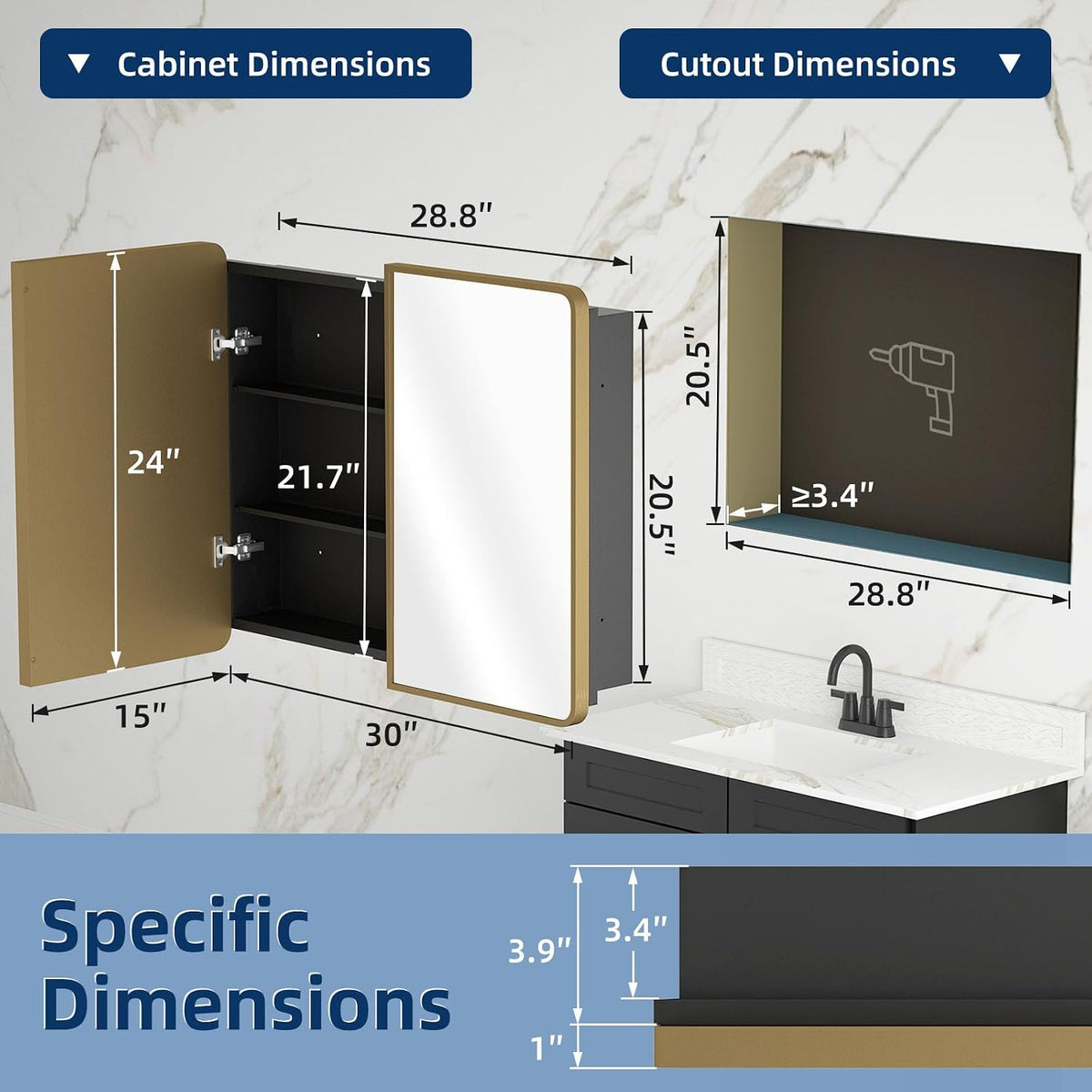 Exploded side view of the cabinet with an open door showing two adjustable shelves and a nearby recessed cutout illustration
