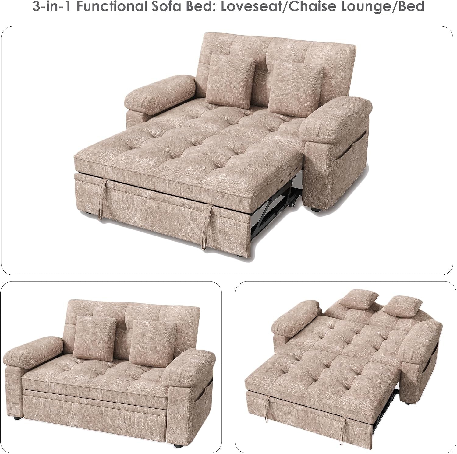 Composite gallery showing the loveseat in three positions—sofa, chaise/partially reclined, and fully opened bed in light