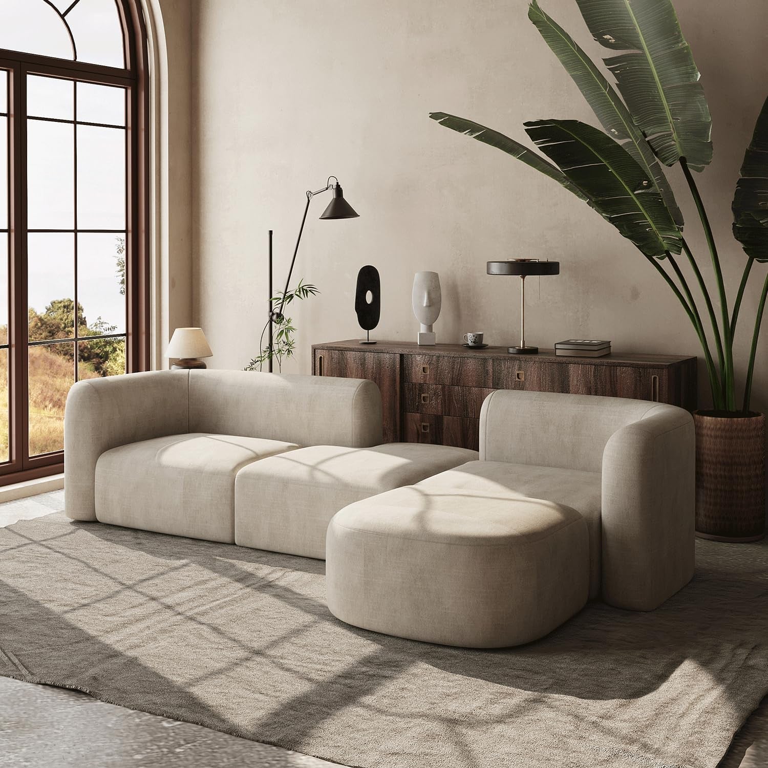 Mellow Modern Tight Curved Back Velvet Sofa, 4 Seater Modular | Minimalist Couch for Living Room Apartment, Modular Sectional, Hardwood Frame