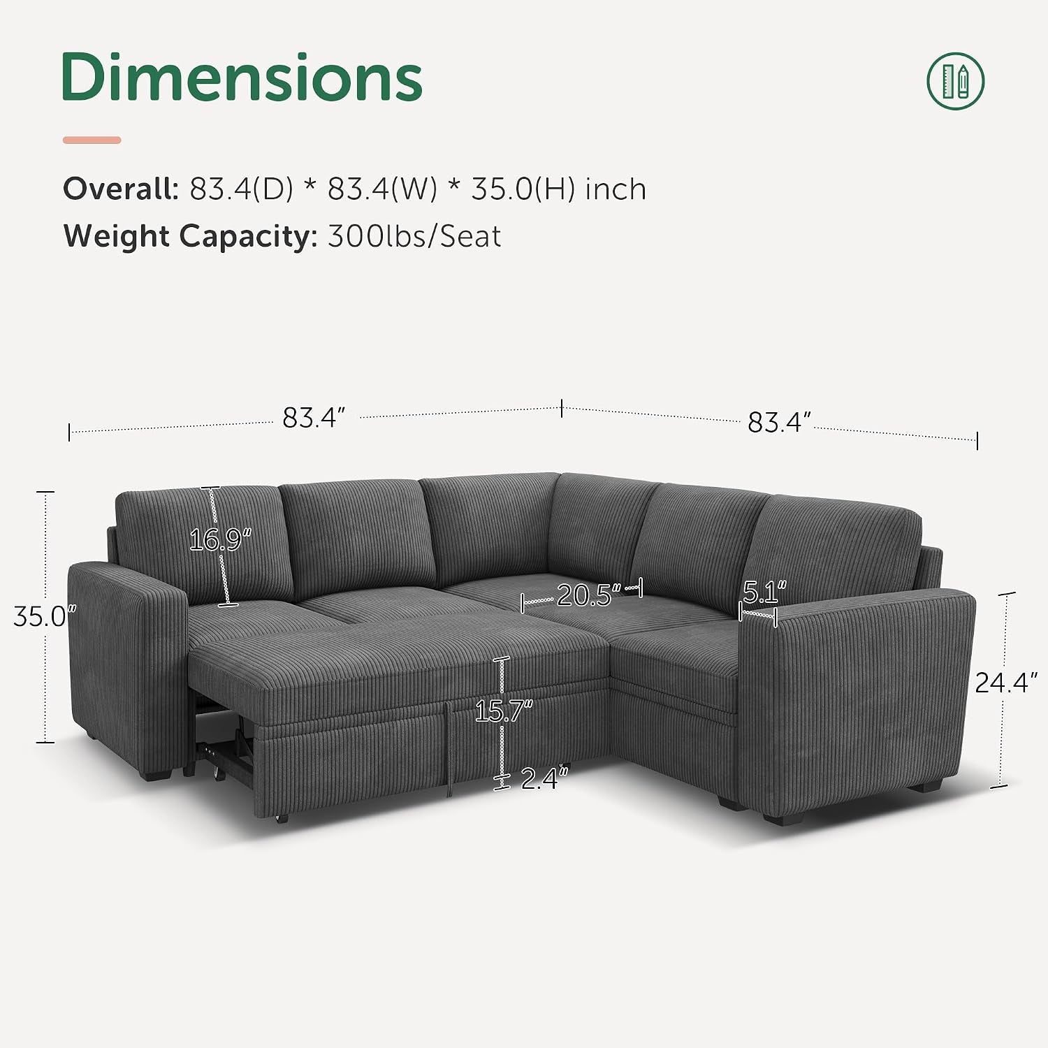 Modular Sectional Sleeper Sofa with Pull Out Bed, Corduroy L Shaped Couch with Storage Seats, Convertible Sectional Couches for Living Room, Dark Grey
