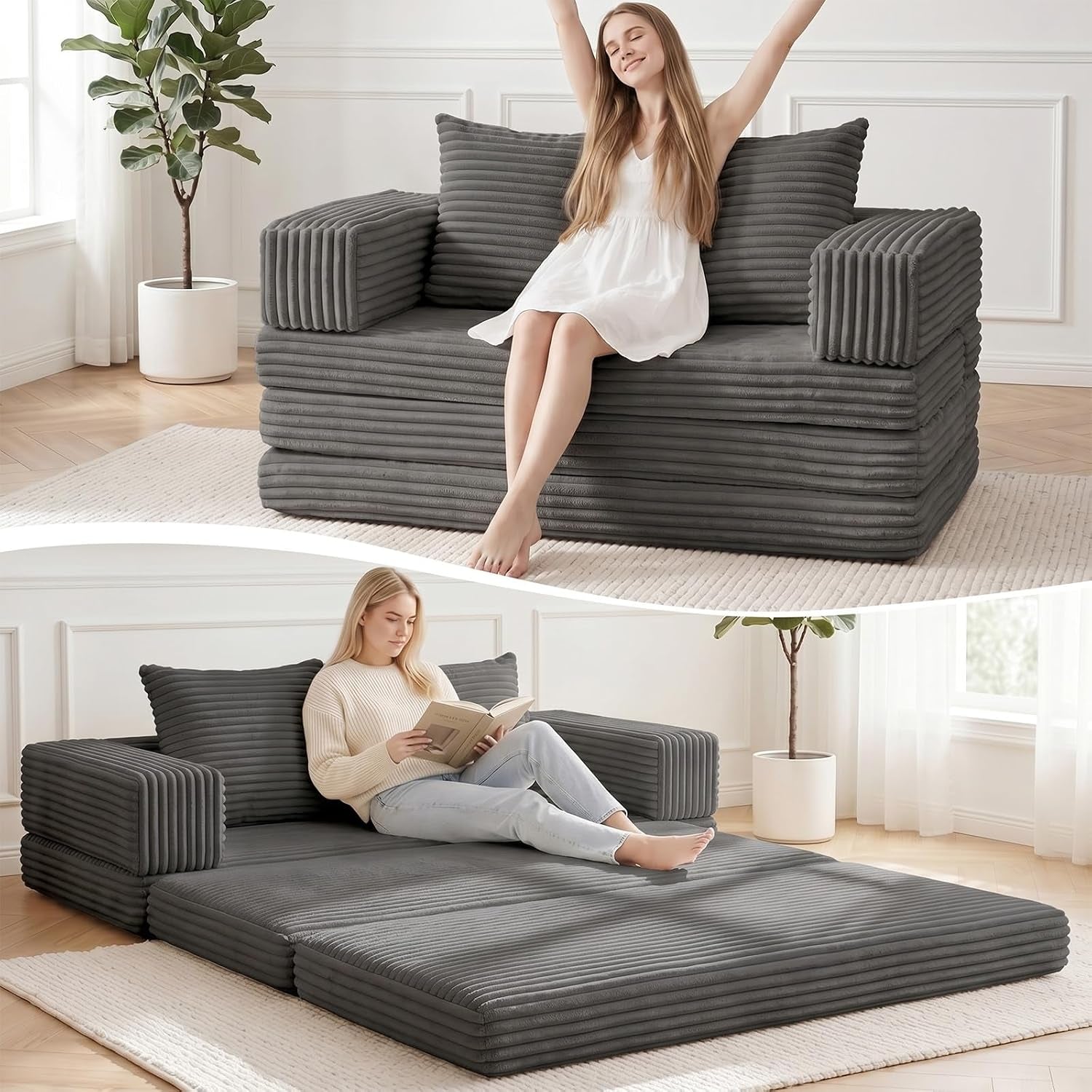 Dark grey boneless loveseat folded with two large back cushions and removable arm blocks angled front view
