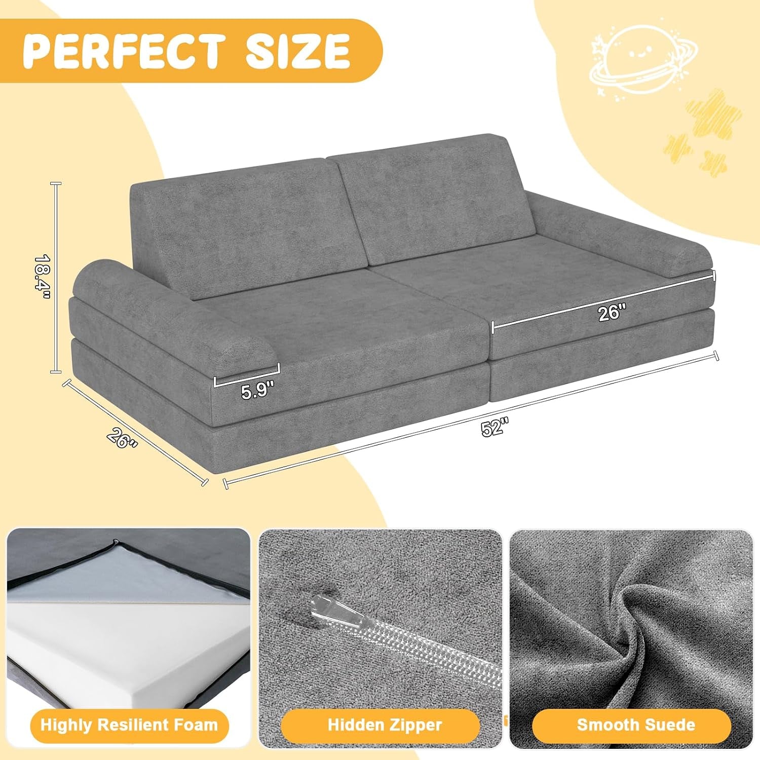 Isometric view of the gray modular couch with measurement callouts and three close-ups showing foam, a hidden zipper, and