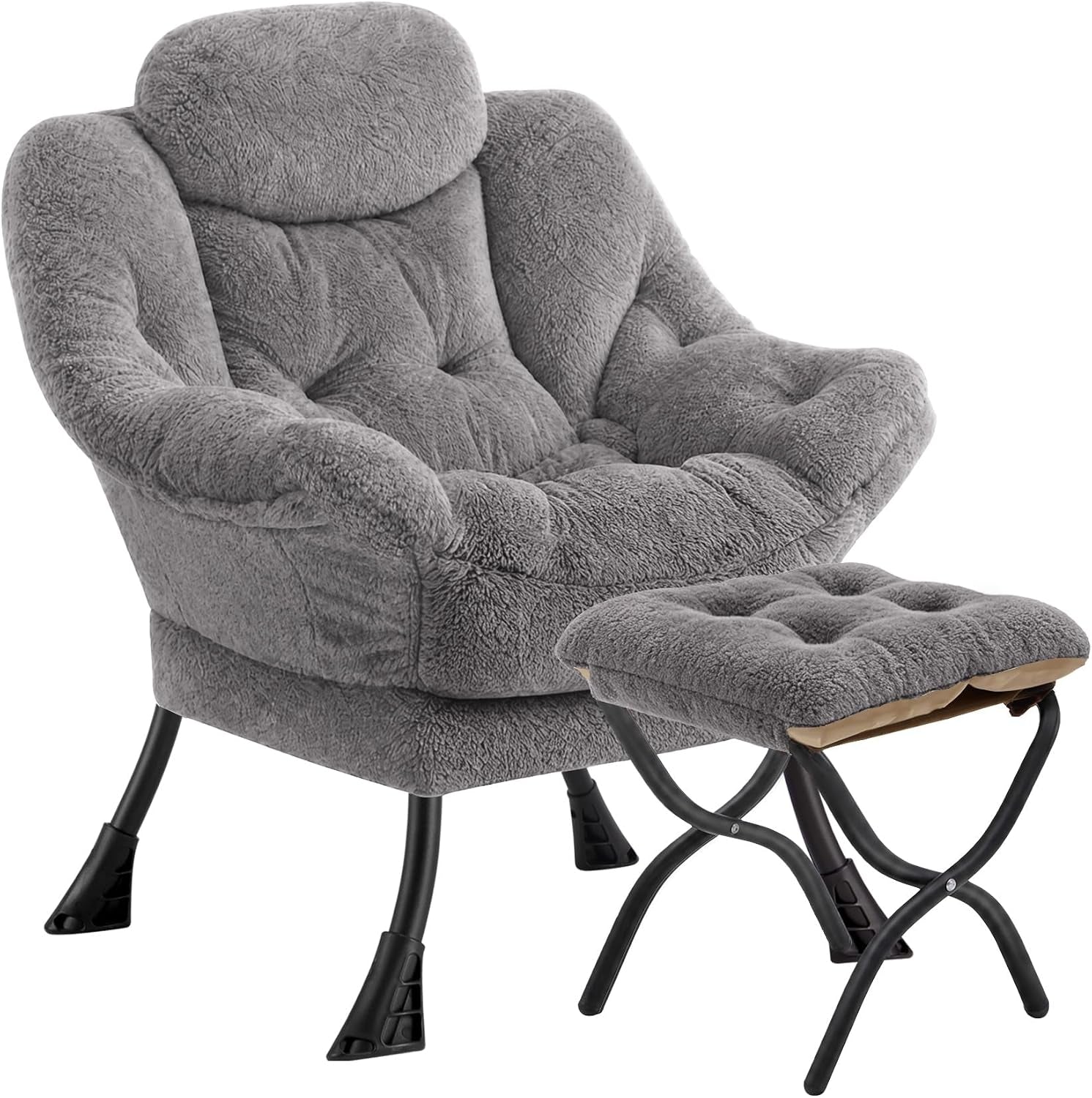 Plush light gray folding lounge chair with matching ottoman isolated on white.