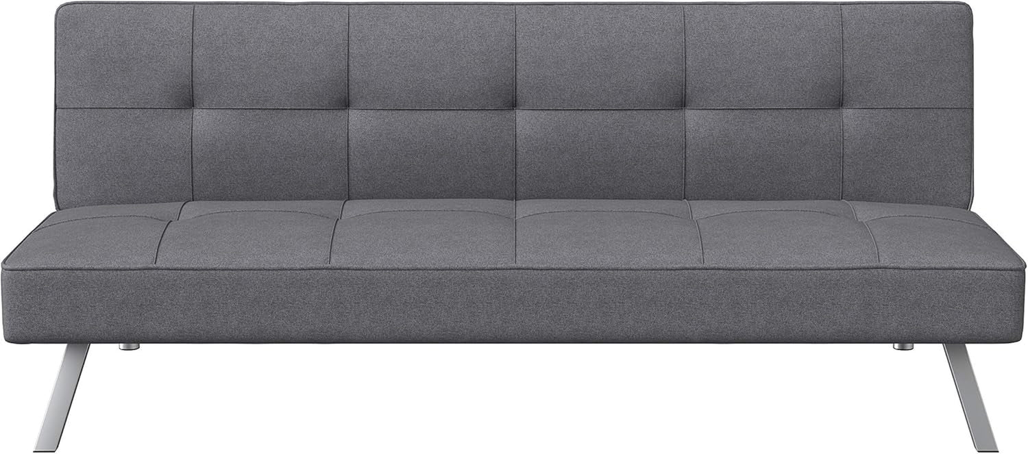 Front view of charcoal tufted convertible sofa showing square tufting and chrome angled legs