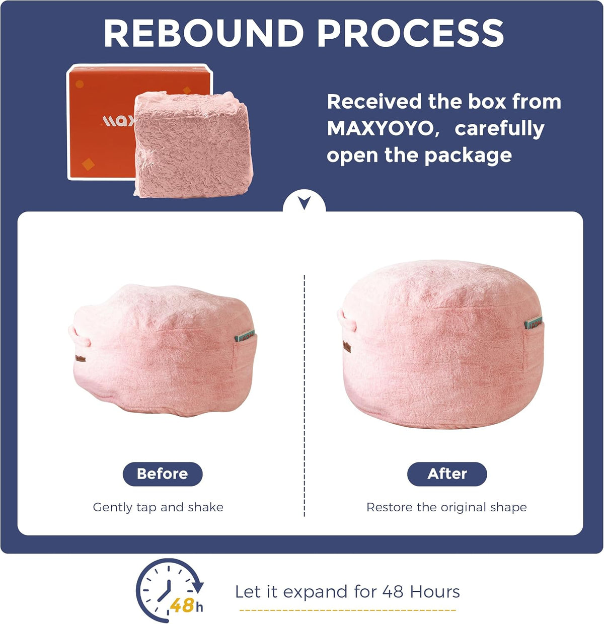 Before-and-after view of a compressed pink bean bag (left) and the same pink bean bag fully expanded (right).