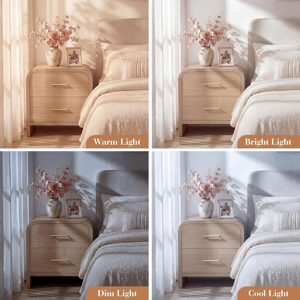 Collage of a nightstand shown under warm, bright, dim, and cool lighting to illustrate tonal differences