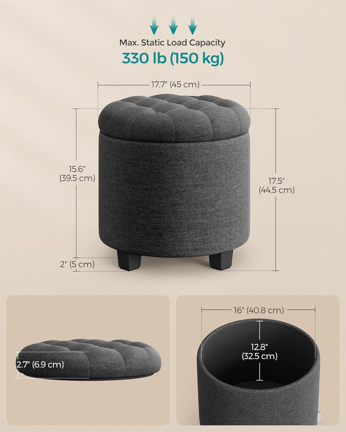 Dimensional diagram of dark gray round ottoman with height and diameter measurements and load capacity callout