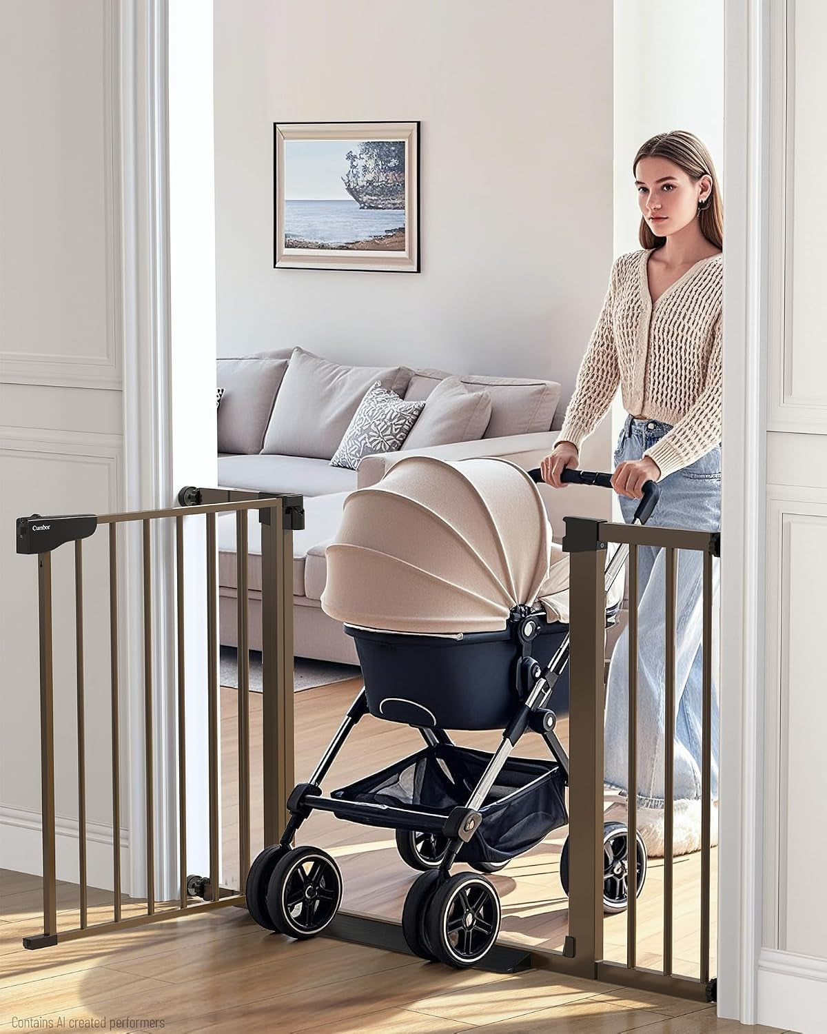 Bronze-colored gate across a doorway as a person pushes a stroller through the opening