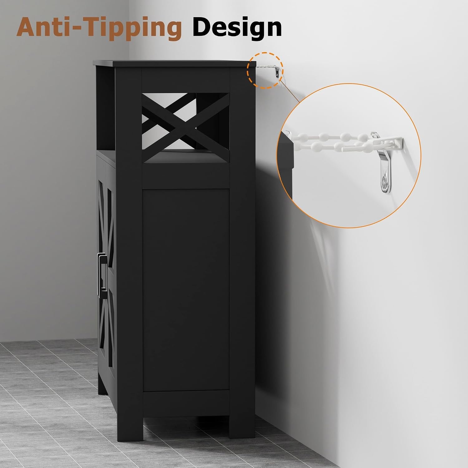 Side view of black cabinet showing the anti-tip kit chain secured to the wall for added stability
