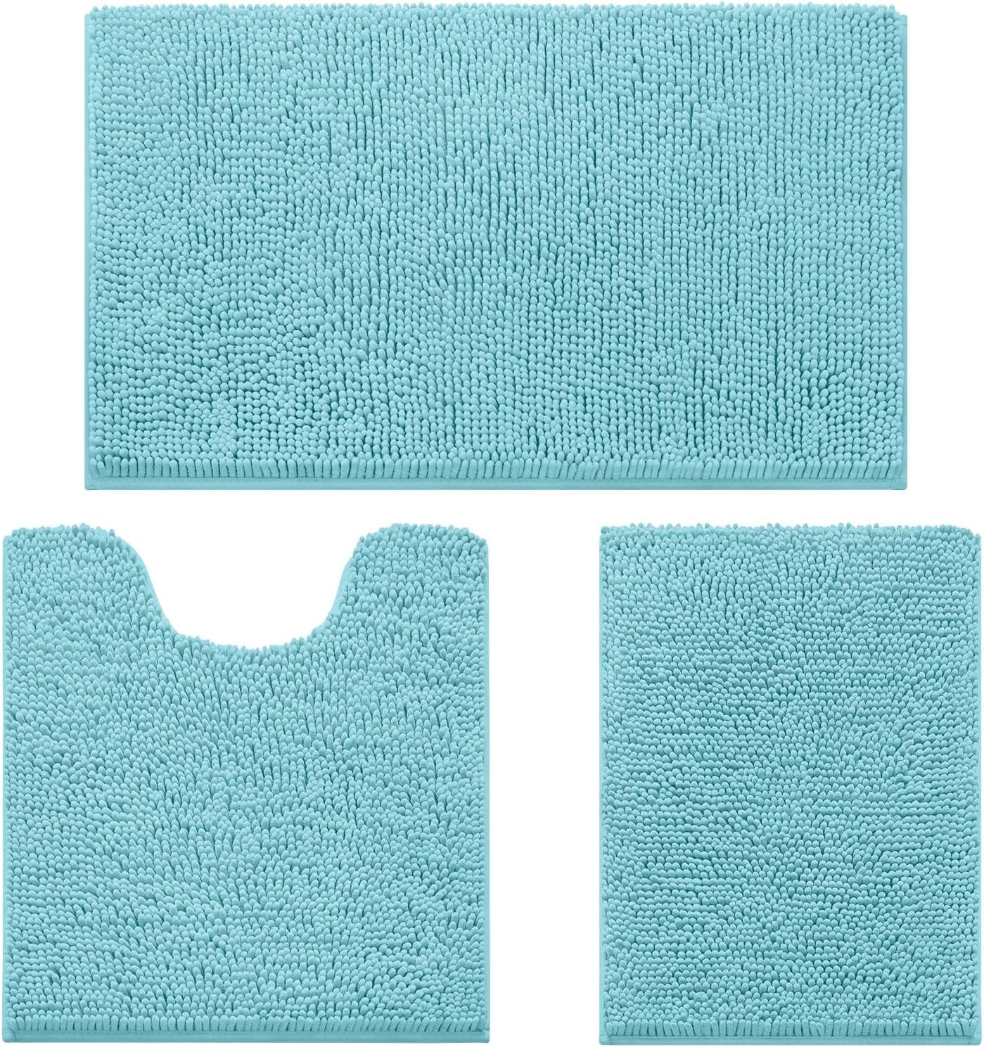 Three-piece aqua chenille bathroom rug set flat-lay: large rectangular mat, contoured toilet mat, and small rectangular rug.