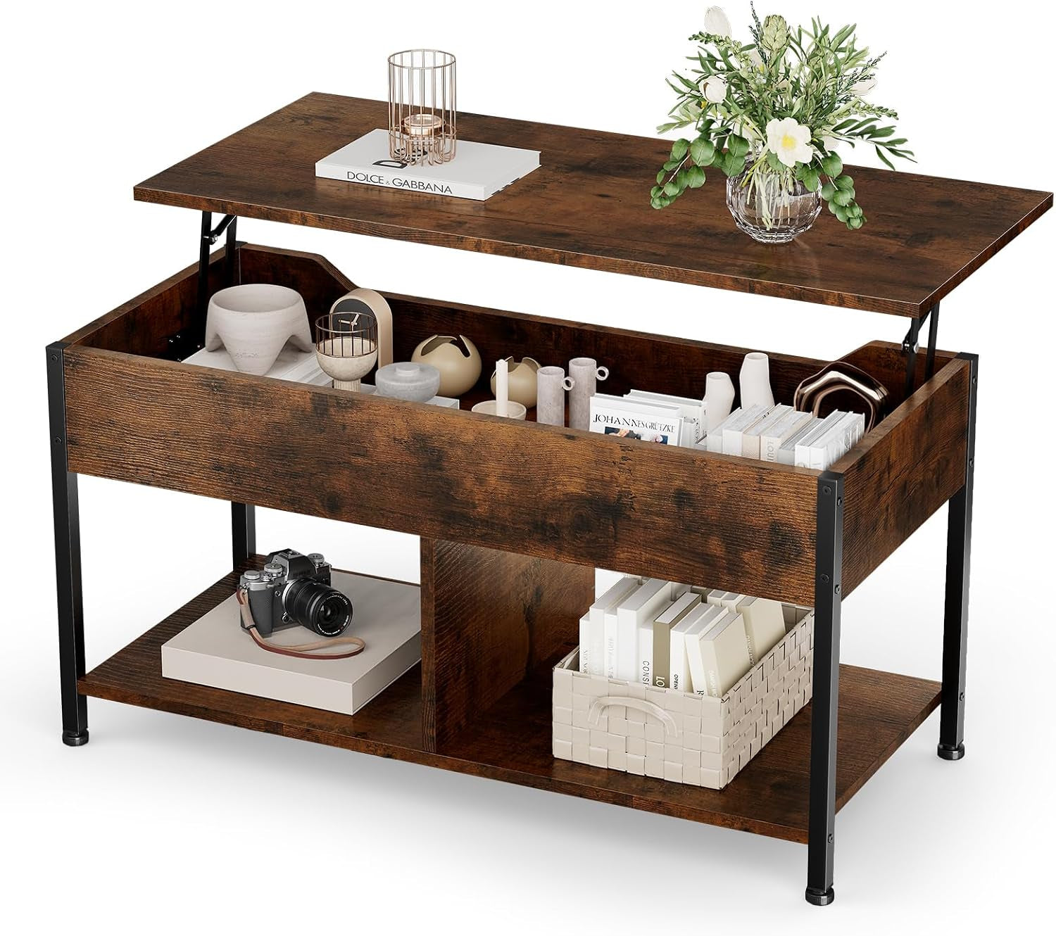 Front view of a darker wood lift-top table with black metal legs, open top exposing a large storage box and lower shelf with