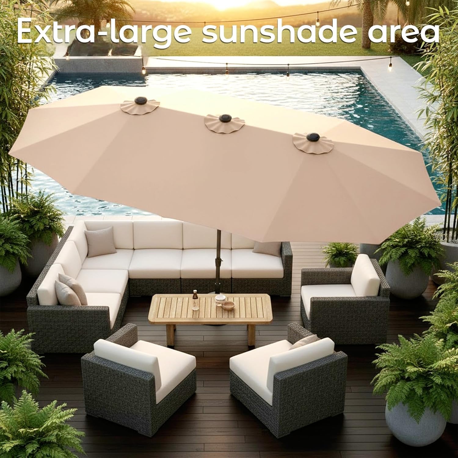 Beige rectangular umbrella covering outdoor seating area with pool, elevated angled view