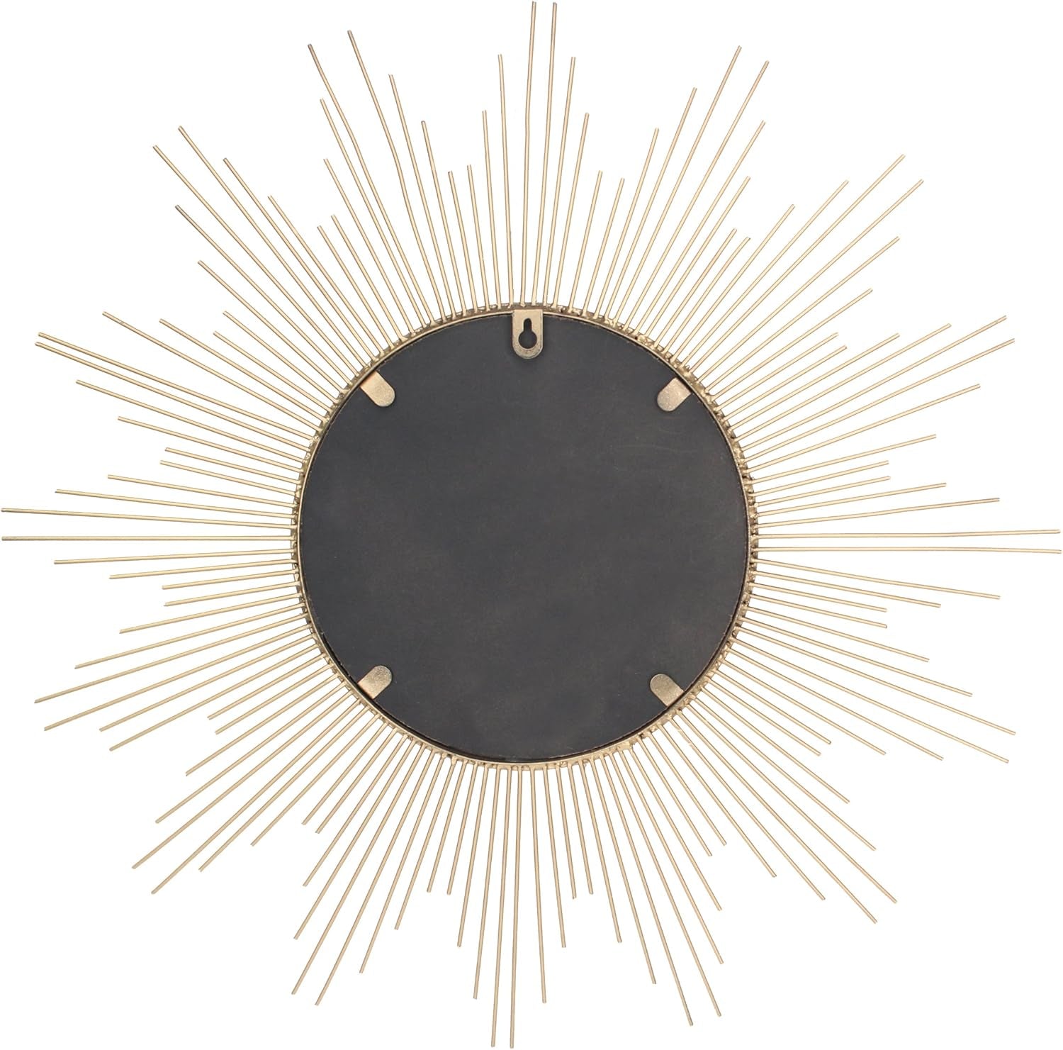 Back view of starburst mirror showing attached keyhole mounting bracket and black backing