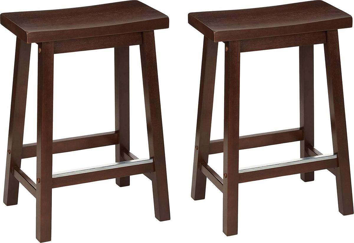 Two dark brown wooden counter stools with gently curved seats and chrome footrest strip
