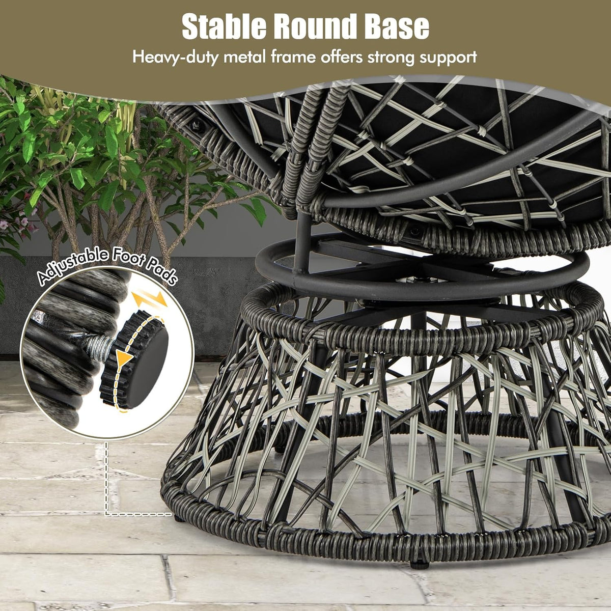 Low-angle view of the stable round metal base and a close-up inset of an adjustable foot pad