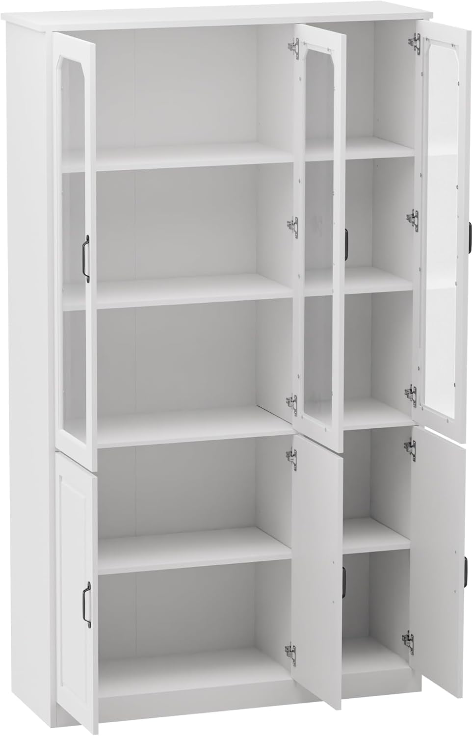 Angled interior shot with multiple doors open showing empty shelves and lower compartments.