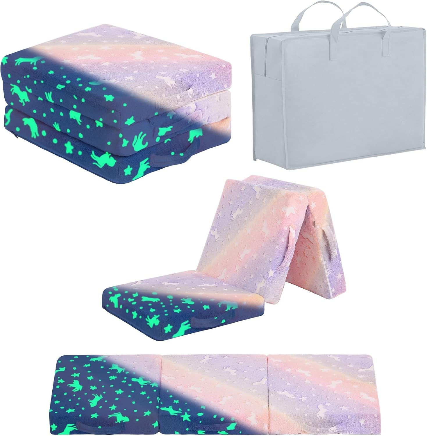 Folded and unfolded pastel gradient mattress with glow-in-the-dark stars shown next to a gray storage bag.