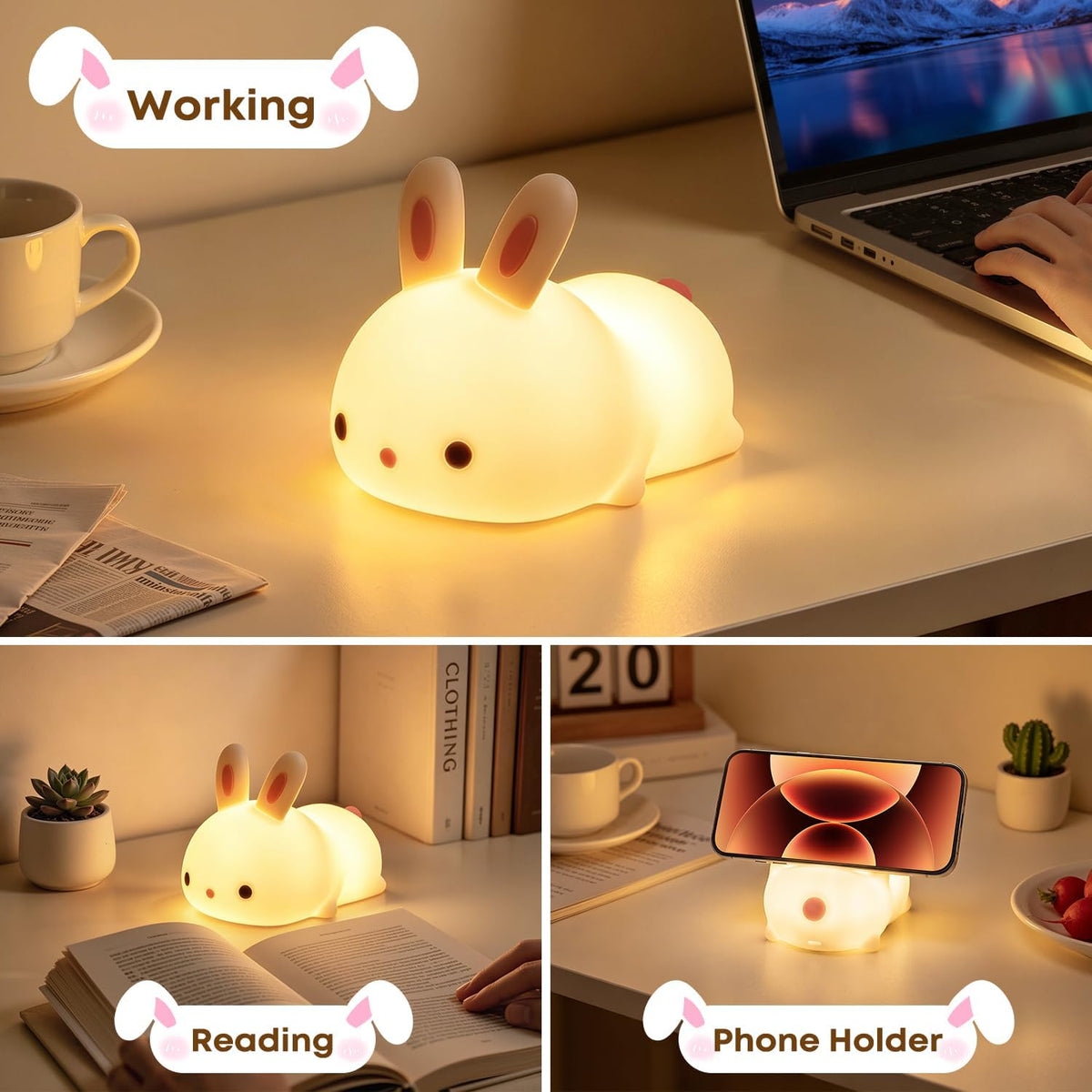 Bunny night light placed on a bedside table beside a sleeping person, emitting a warm cozy glow