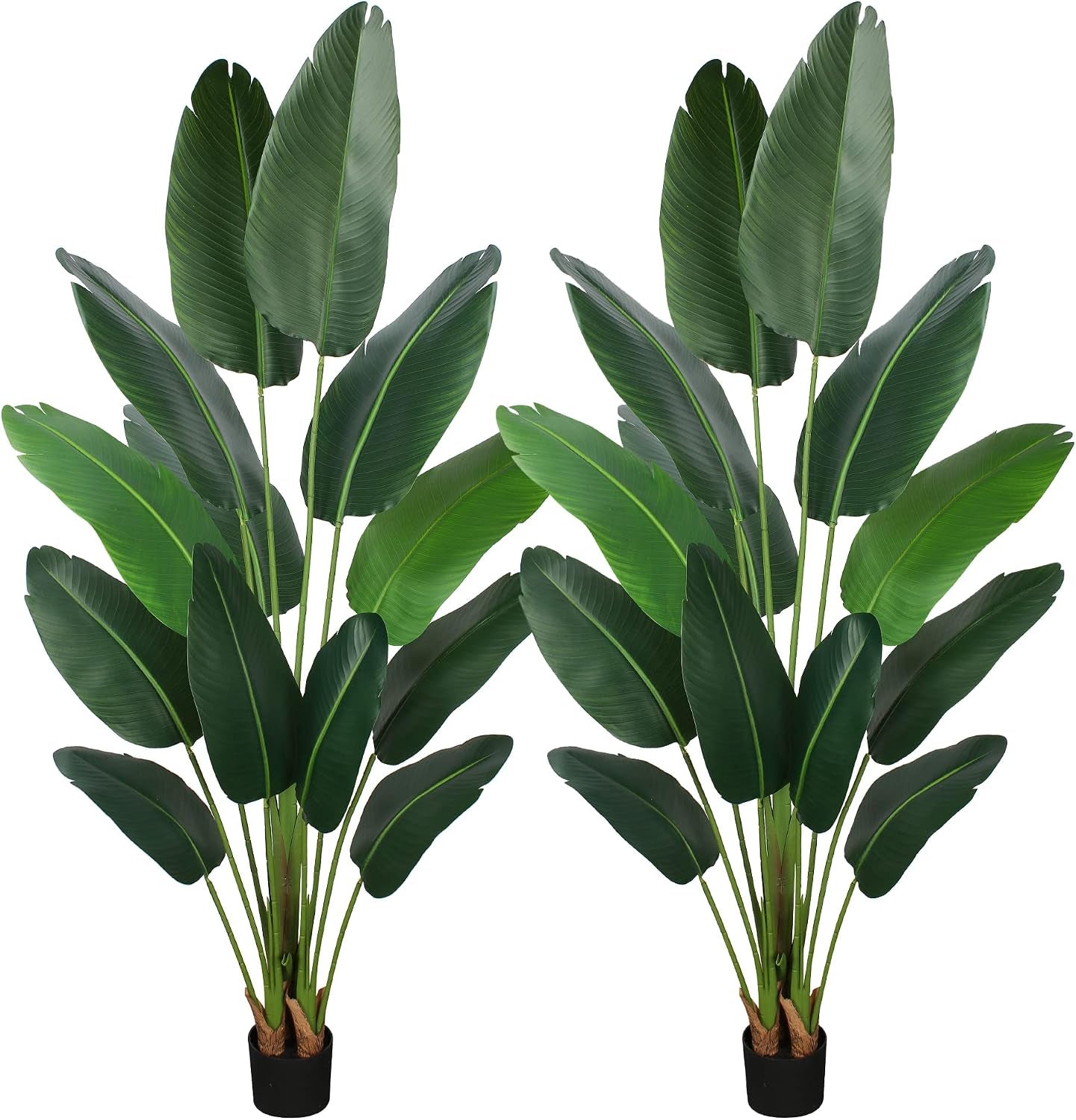 Front studio shot of two artificial bird-of-paradise trees side-by-side against a white background