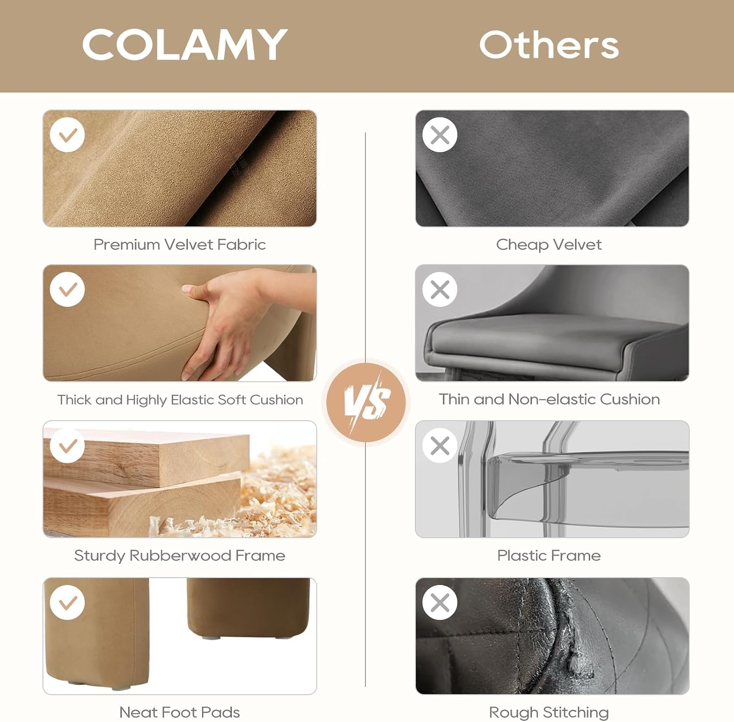 Split infographic showing close-up fabric samples, a hand pressing a cushion, wood blocks and chair legs contrasted with