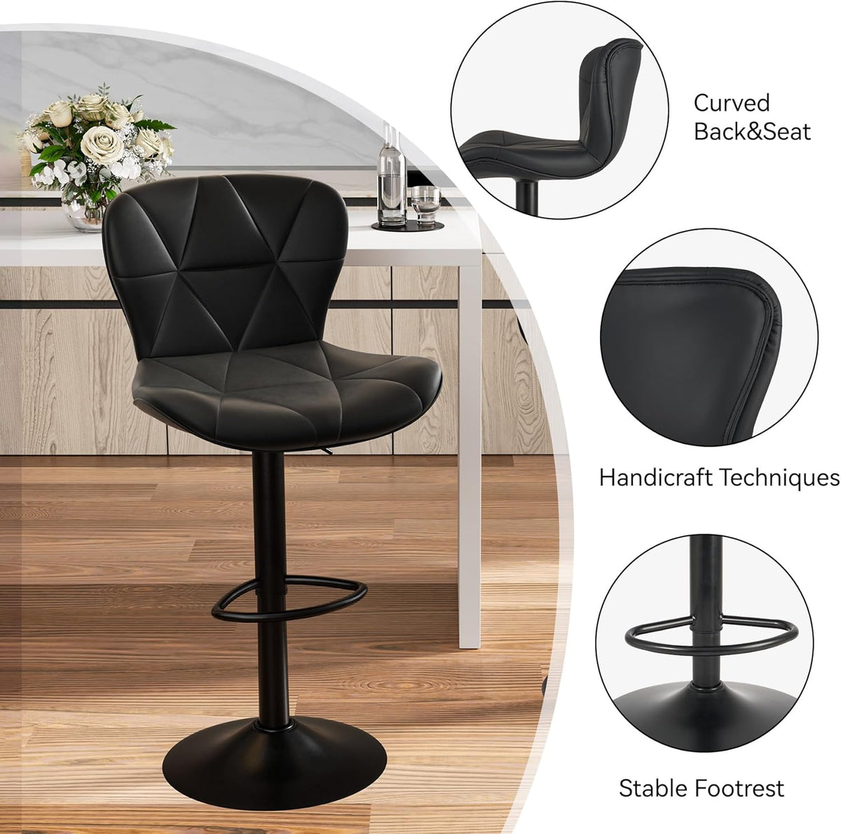 Single black faux leather stool with close-up insets highlighting curved back, stitching details, and stable footrest
